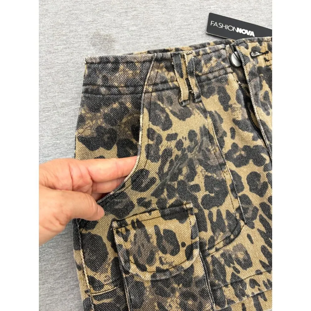 New Y2K Leopard Print Denim Micro Mini Skirt XS Cargo Utility Brown Indie Sleaze